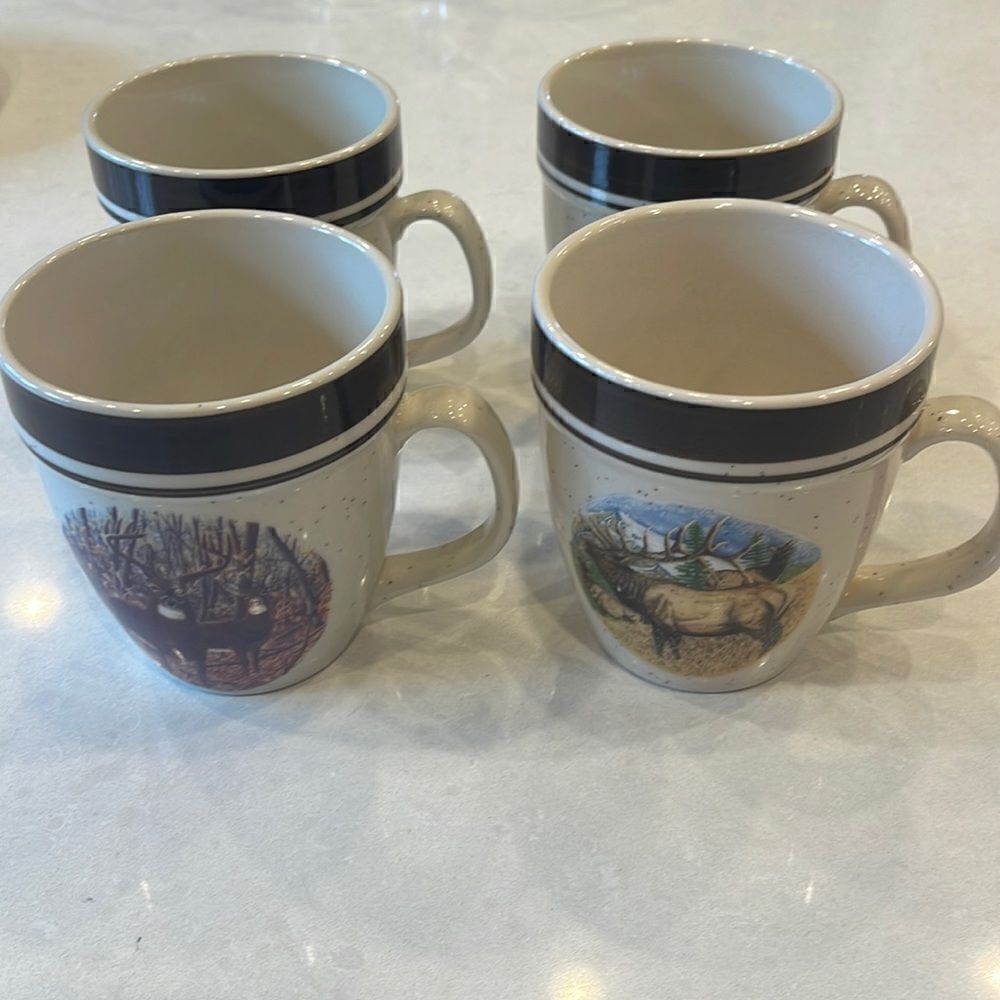 Cabela’s folkcraft  By Scotty Z, stoneware 4 coffee cups 2 elk. 2 whitetail. Fun